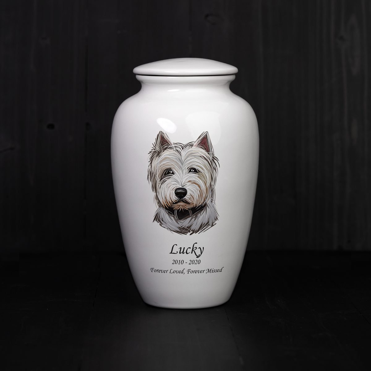 Scottish terrier ceramic crematin urn.